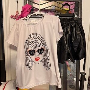 Taylor Swift boutique shirt and faux leather shorts with fringe Kids size 7/8